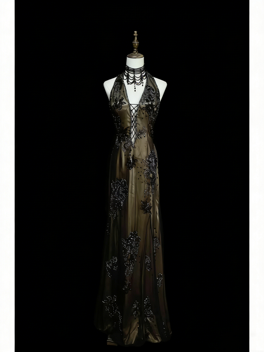 Vintage Mermaid Halter Backless Satin Sleeveless 80s Prom Dresses Long Formal Party Gown N1452