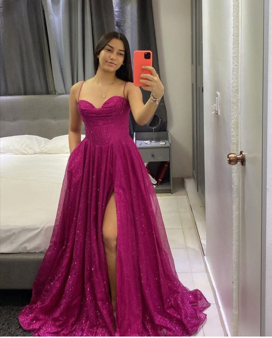 Glitter Prom Dresses for Women Spaghetti Straps Cowl Neck Evening Party Gown With Slit Formal Gown Evening Gowns AB774