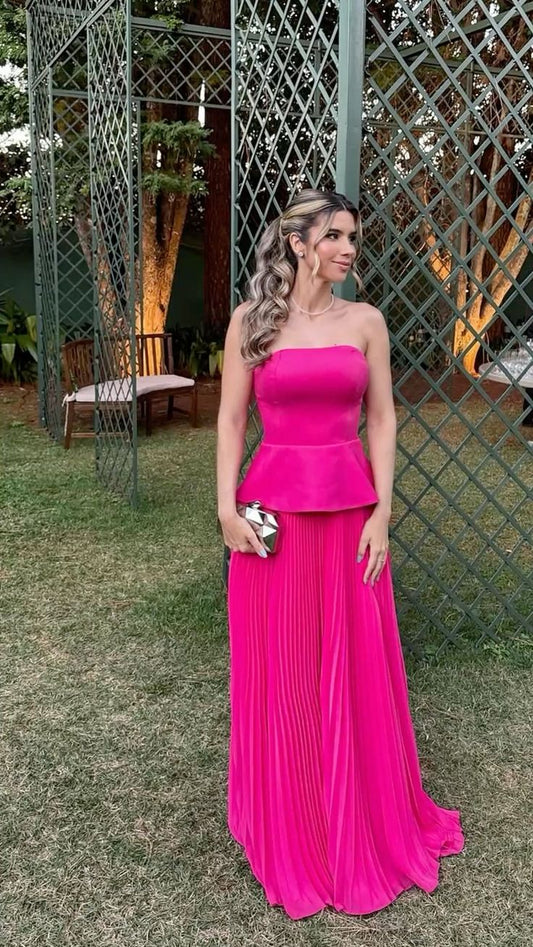 Sexy Hot Pink Prom Dress Aesthetic Classy A line Strapless Sleeveless Chiffon Prom Gowns AB241