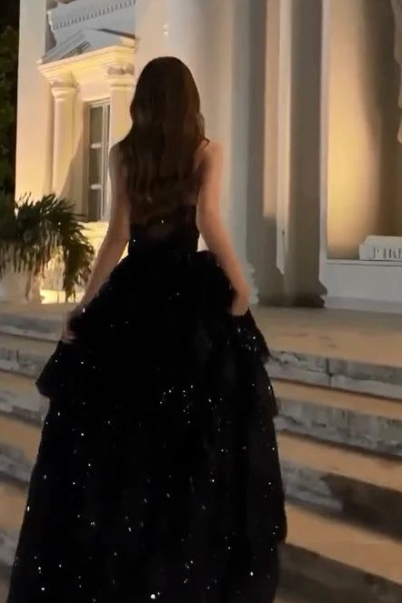 Sparkly Ball Gown Strapless Black Prom Dresses Fashion Evening With Slit Sequin Long Formal Party Gowns N794