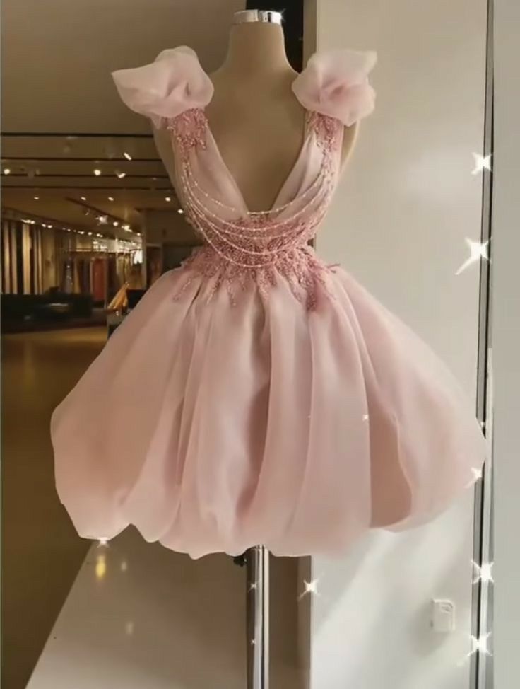 Fancy Ball Gown V Neck Light Pink Mini Short Hoco Party Birthday Dress Ideas Homecoming Dresses RB4098