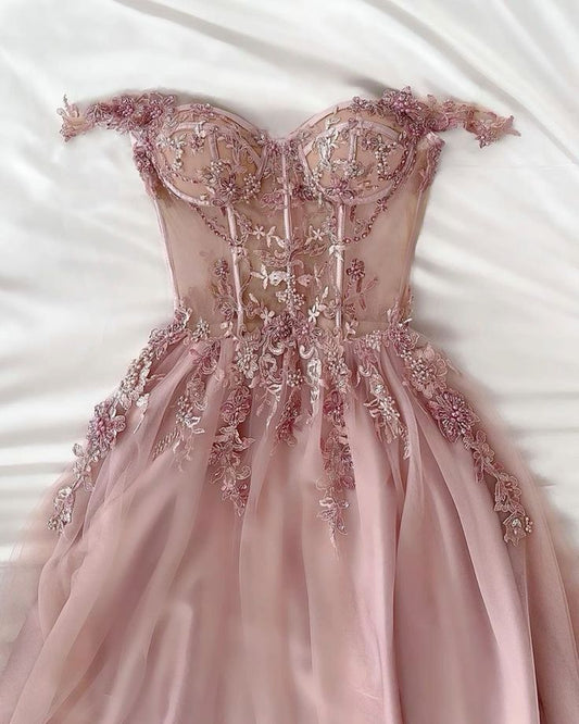 Classy A Line Off The Shoulder Pink Prom Dresses Inspo For Teens Formal Dress Party Outfits Prom Gowns AB044