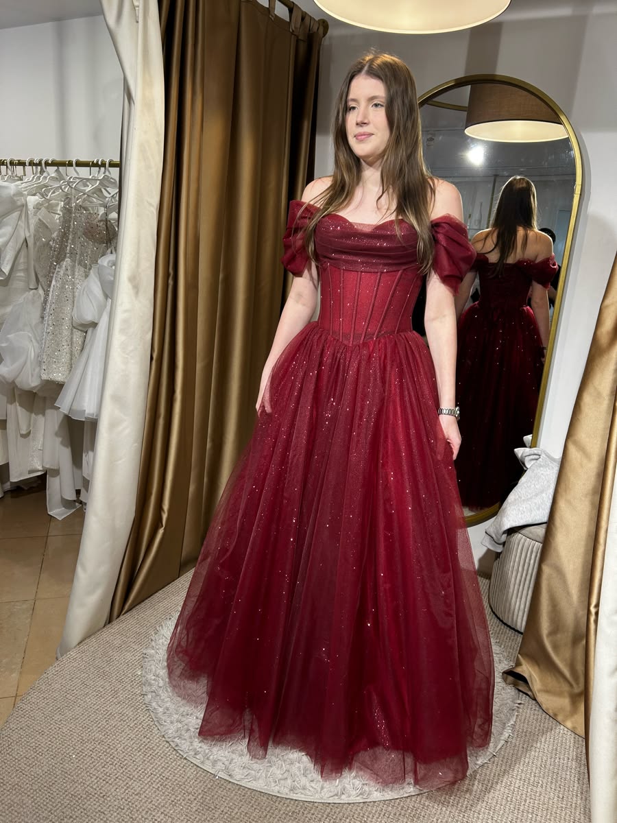 Burgundy Prom Dress Long Ball Gown Off Shoulder Seuined Formal Graduation Gown RB9496