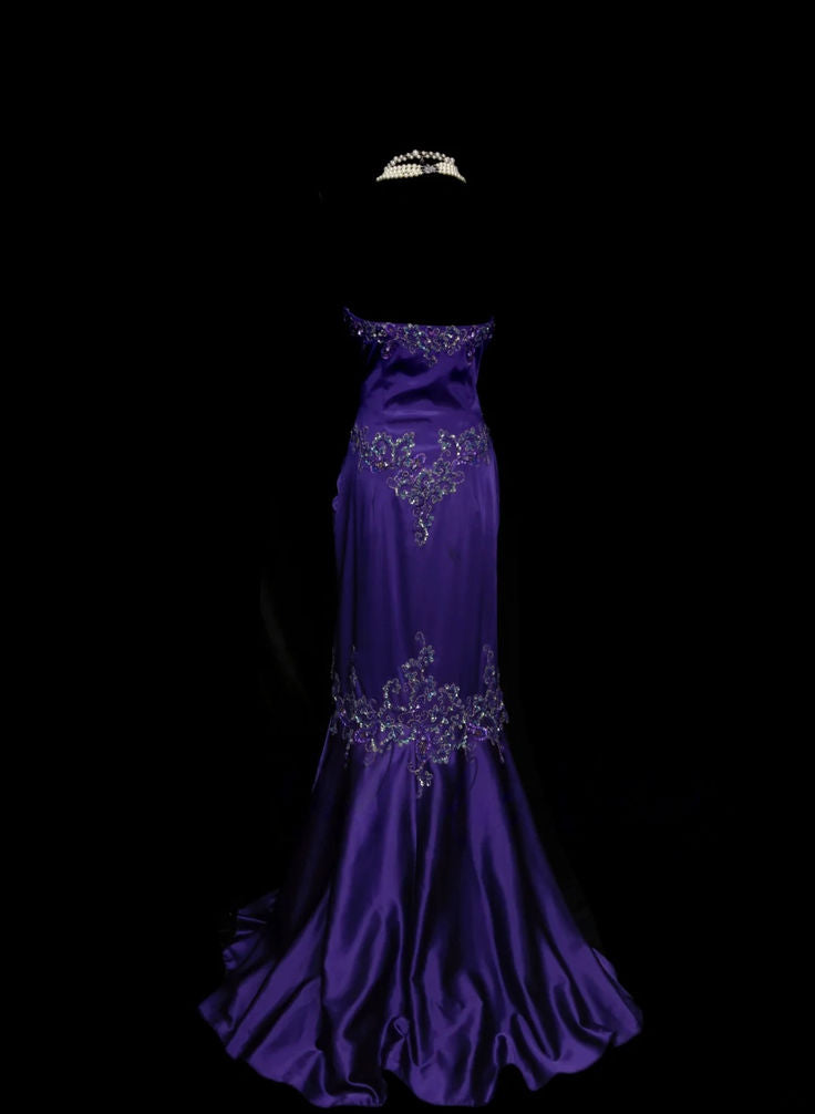 Vintage Strapless Purple Satin Prom Dress Applique Formal Party Dress AB320