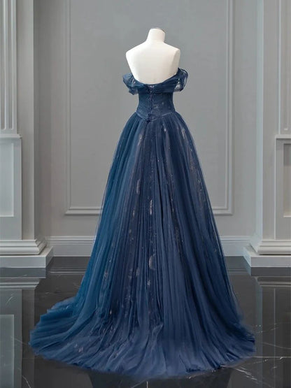 A-Line Off Shoulder Tulle Lace Dark Blue Long Prom Dresses AB693