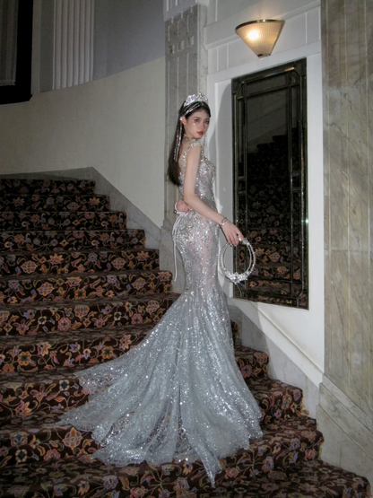 Luxurious Wedding Dresses Mermaid Scoop Neck With Beads Gem Silver Sequin Brides Dress For Brides Fitted Bridal Gown N073