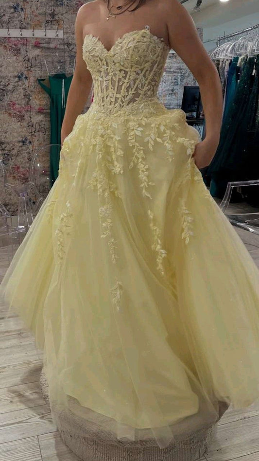 Cute A line Sweetheart Lace Yellow Long Prom Dresses For High School People Girls Formal Bridesmaid Dress N1021