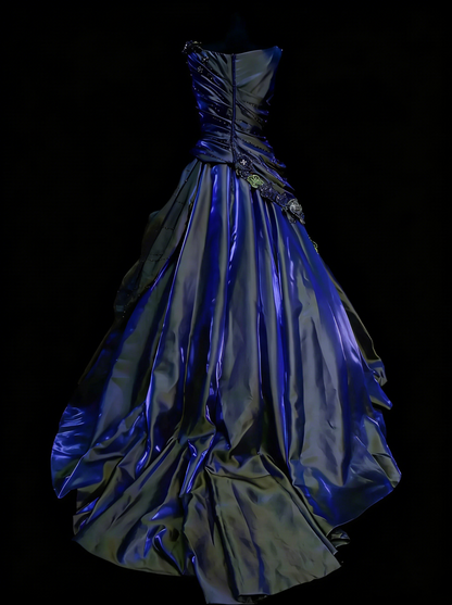 Sweet Ball Gown Scoop Navy Blue Satin With Tiered Layers Ruffles Long Party Gowns Prom Dresses N2231