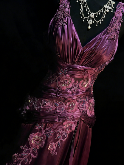 Vintage A Line V Neck Grape Satin With Beadings Lace Floor Length Inspiration Long Prom Dresses N1202