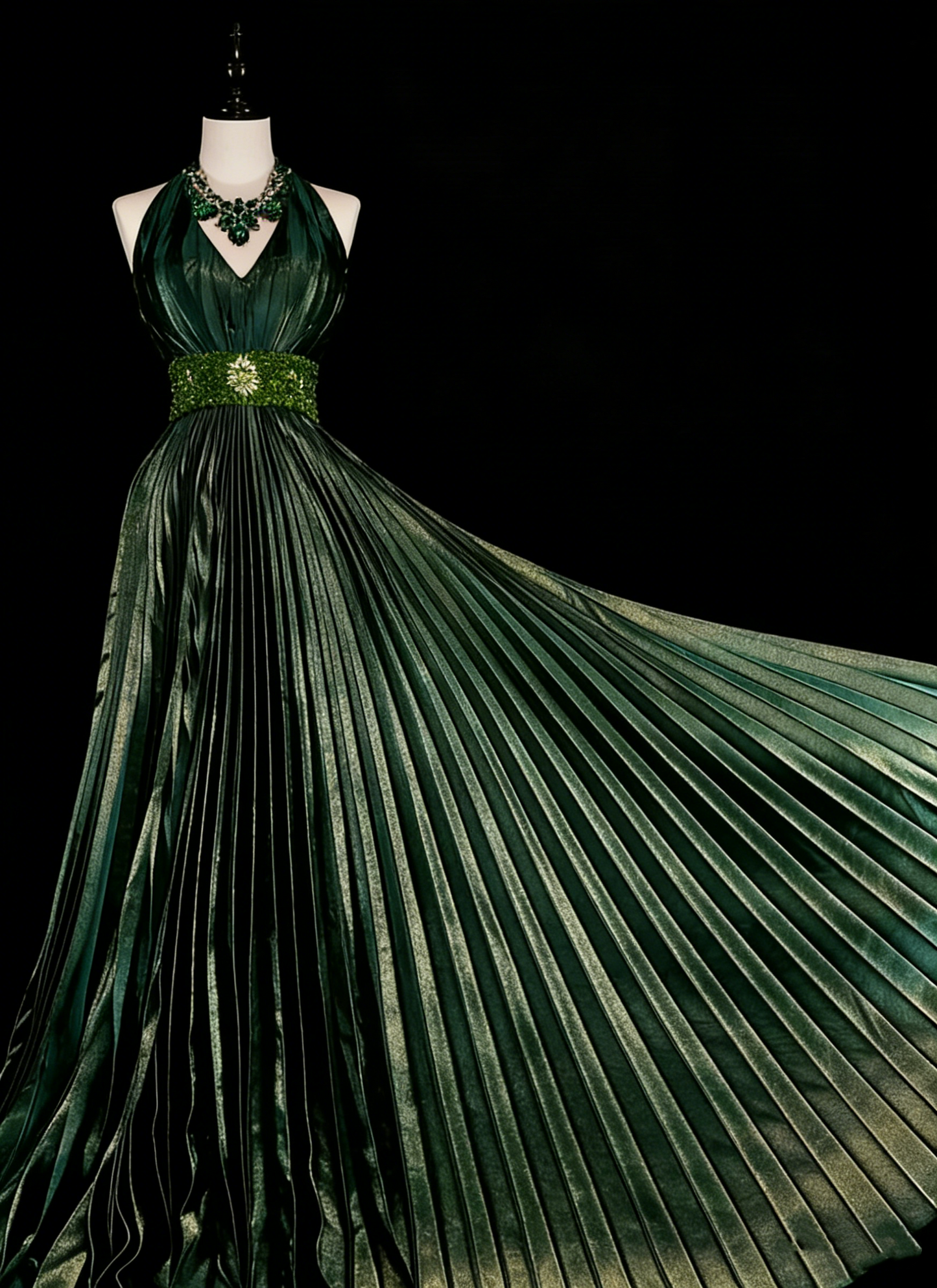 Vintage A Line Halter Green Pleated With Beads Sleeveless 80s Prom Dresses Long Formal Party Gown N1465