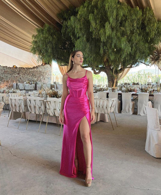 Modest Mermaid Prom Dresses for Women Spaghetti Straps Evening Party Gown With Slit Formal Gown Satin Birthday Gowns AB775