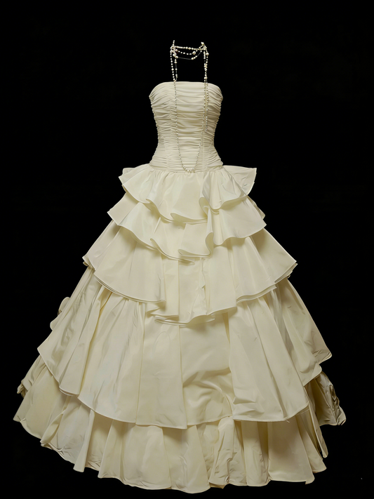 Vintage Night Aesthetic Ball Gown Strapless Ivory Satin 90s 80s College Formal Sweet 16 Outfit Long Prom Dresses For Teens N1161