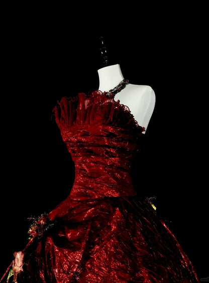Vintage Prom Dresses Ball Gown Strapless Burgundy With Ruffle 1980s Long Formal Gown N2707