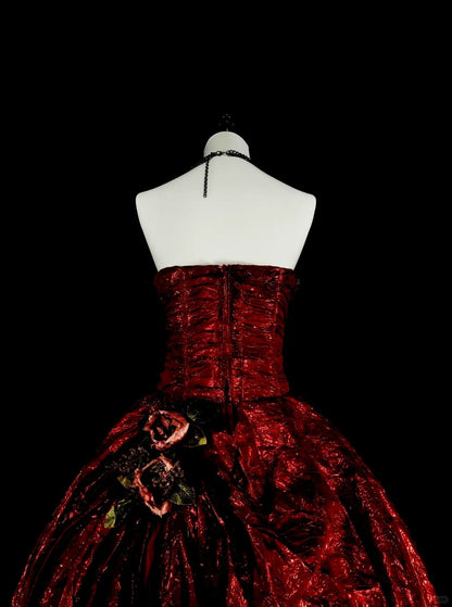 Vintage Prom Dresses Ball Gown Strapless Burgundy With Ruffle 1980s Long Formal Gown N2707