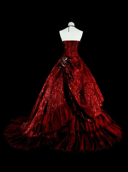 Vintage Prom Dresses Ball Gown Strapless Burgundy With Ruffle 1980s Long Formal Gown N2707