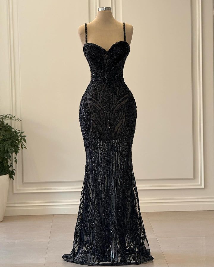 Luxury Mermaid Spaghetti Strap Beaded Black Evening Dress Formal Prom Dress For Party Gown AB329
