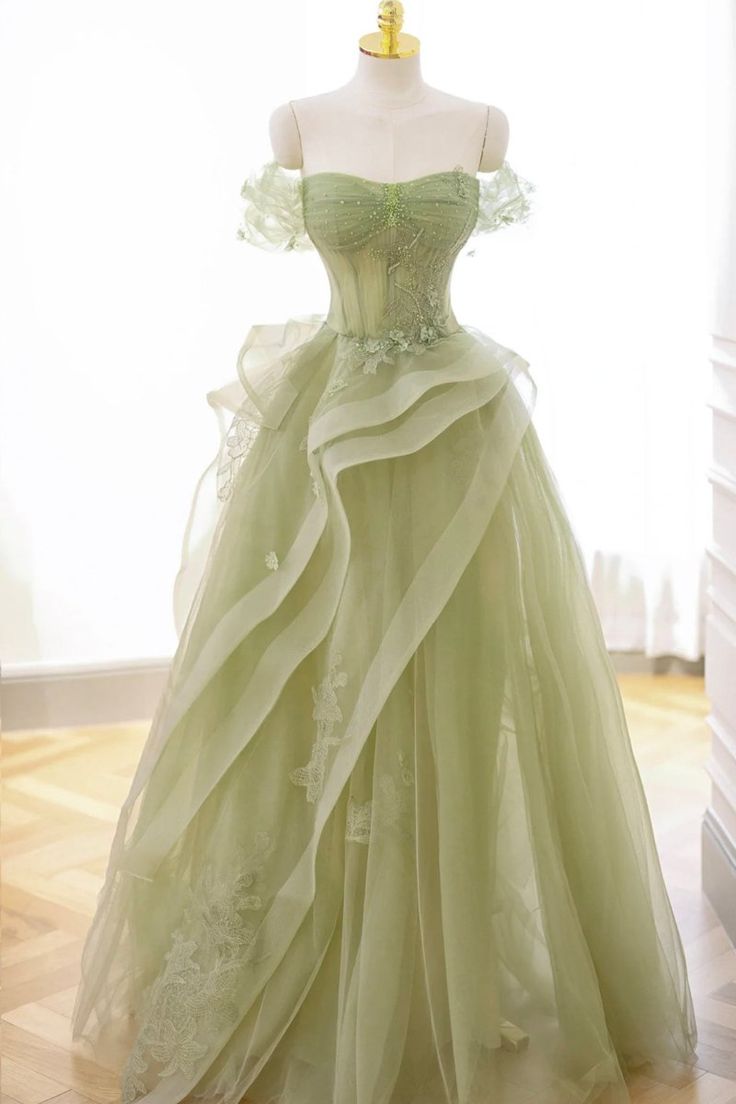Elegant Sage Green Tulle Lace Prom Dress Off The Shoulder Long Evening Party Dress Prom Gowns AB327