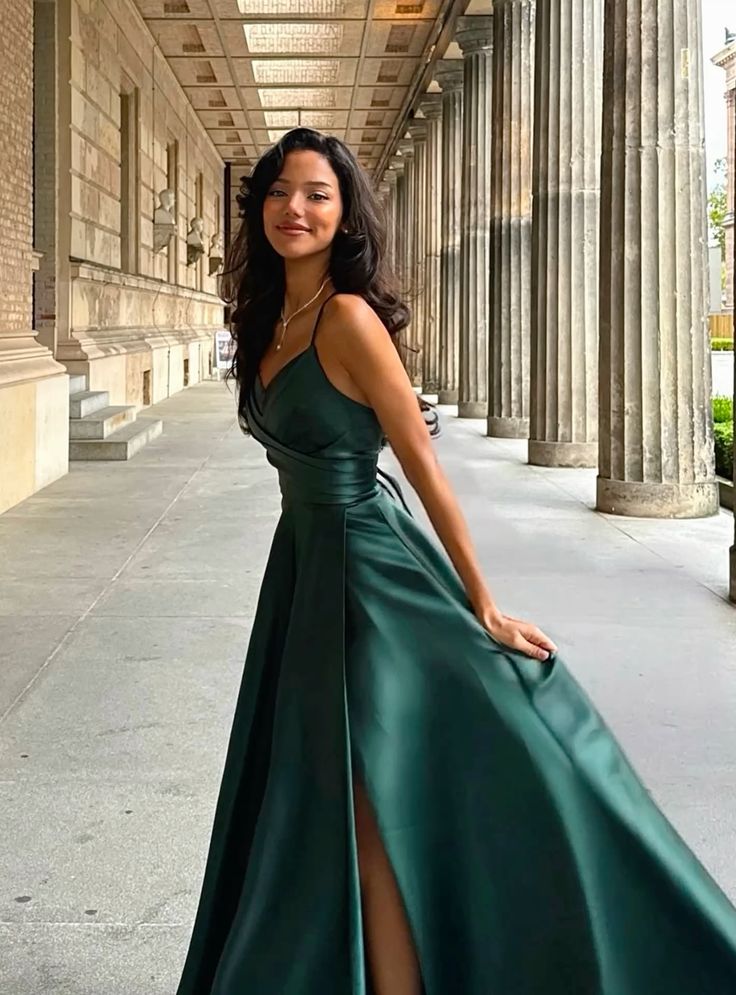 Vintage A Line Spaghetti Strap Dark Green Satin Slit Prom Dresses For Teens Formal Dress Party Outfits Prom Gowns AB1034