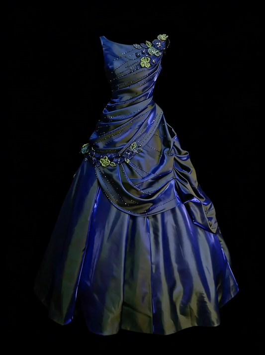 Sweet Ball Gown Scoop Navy Blue Satin With Tiered Layers Ruffles Long Party Gowns Prom Dresses N2231