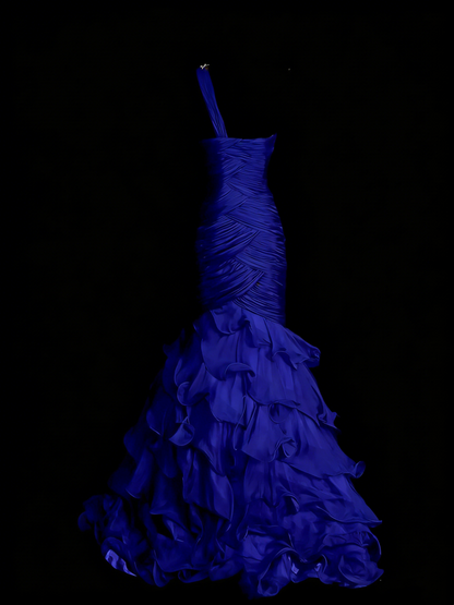 Vintage Mermaid One Shoulder Royal Blue With Tiered Layers College Formal Outfit Long Prom Graduation Dresses For Teens N1315