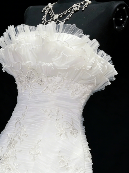 Vintage 80s Wedding Dresses Mermaid Strapless Tulle White Ruched Layers Long Brides Dress Fitted Bridal Gown N1208