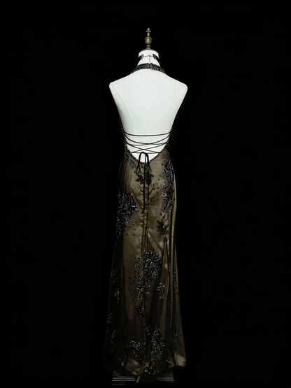 Vintage Mermaid Halter Backless Satin Sleeveless 80s Prom Dresses Long Formal Party Gown N1452