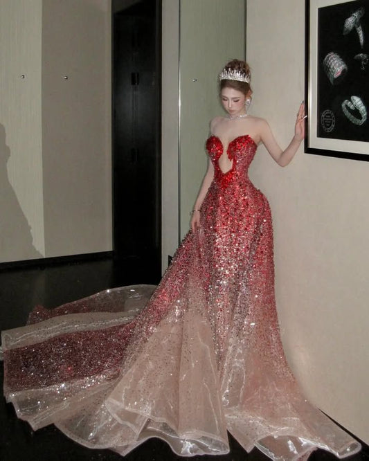 Modest Mermaid Sweethart Red Beads Prom Dresses Inspo For Teens Formal Dress Party Outfits Prom Gowns AB045