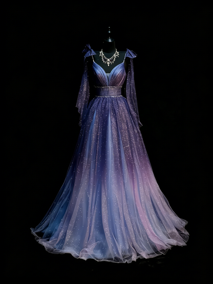 Vintage A Line Spaghetti Straps Grape Tulle With Beadings Floor Length Inspiration Long Prom Dresses N1203