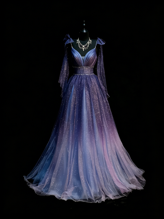 Vintage A Line Spaghetti Straps Grape Tulle With Beadings Floor Length Inspiration Long Prom Dresses N1203
