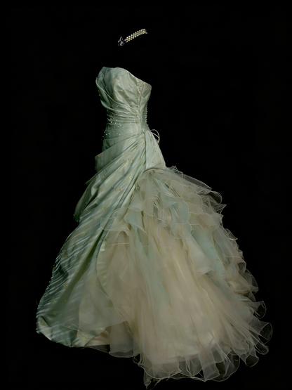 Vintage Ball Gown Strapless Sage Green 1980s College Formal Outfit Prom Graduation Dresses For Teens N1333