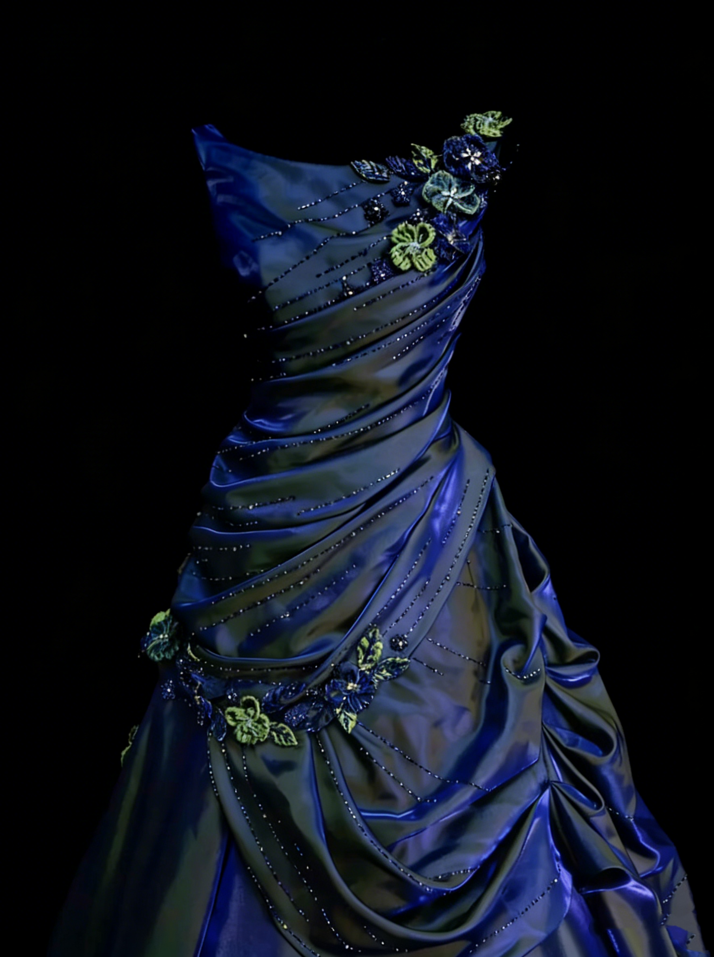 Sweet Ball Gown Scoop Navy Blue Satin With Tiered Layers Ruffles Long Party Gowns Prom Dresses N2231