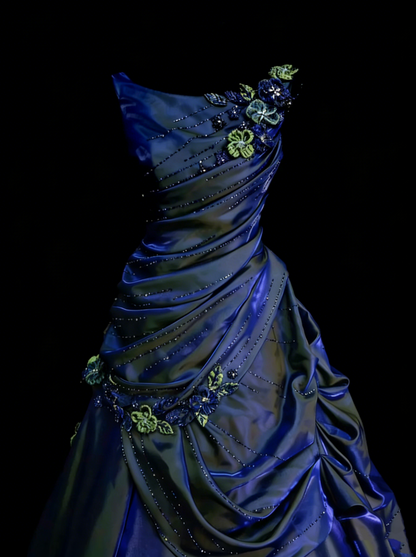 Sweet Ball Gown Scoop Navy Blue Satin With Tiered Layers Ruffles Long Party Gowns Prom Dresses N2231