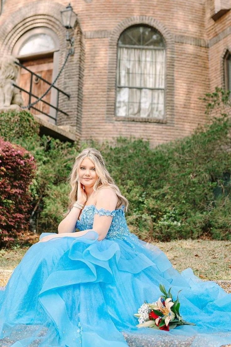 Cute Ball Gown Off The Shoulder Light Sky Blue Lace Tulle Prom Dresses Party Dress Birthday Outfits Graduation Dress AB1041