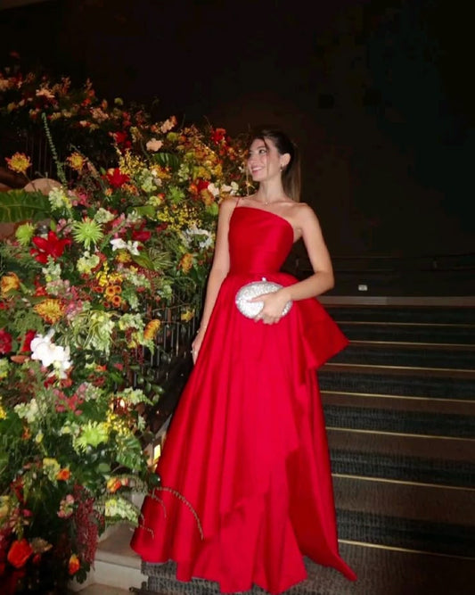 Elegant A line One Shoulder Red Sleeveless Chiffon Simple Evening Formal Prom Dress AB445
