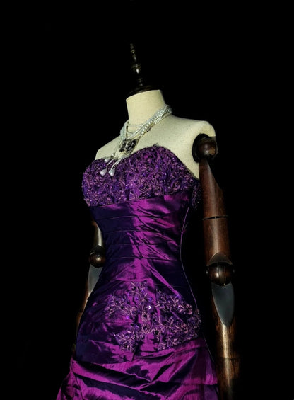 Vintage 1760s Ball Gown Sweetheart Purple With Satin Pleated Long Prom Dresses N1599