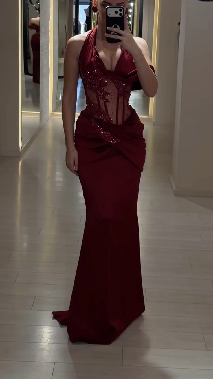 Sexy Prom Dresses Mermaid Halter Burgundy With Beading Evening Long Formal Dress N4760
