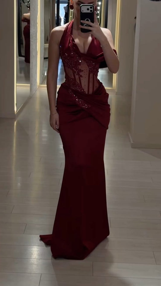 Sexy Prom Dresses Mermaid Halter Burgundy With Beading Evening Long Formal Dress N4760