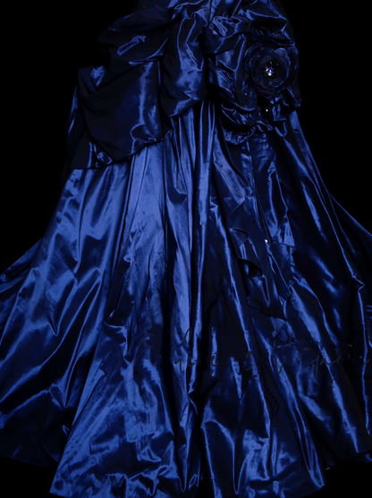 Vintage Ball Gown Strapless Navy Blue Satin Long Prom Dresses Senior Graduation Dance Evening Outfits N035