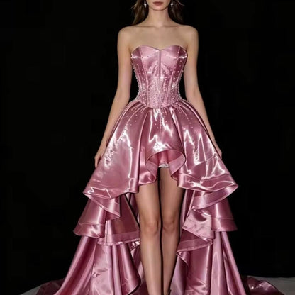 Elegant High Low Sweetheart Pink Satin With Tiered Beading Prom Dresses Formal Outfit Evening Night Dress RB8240