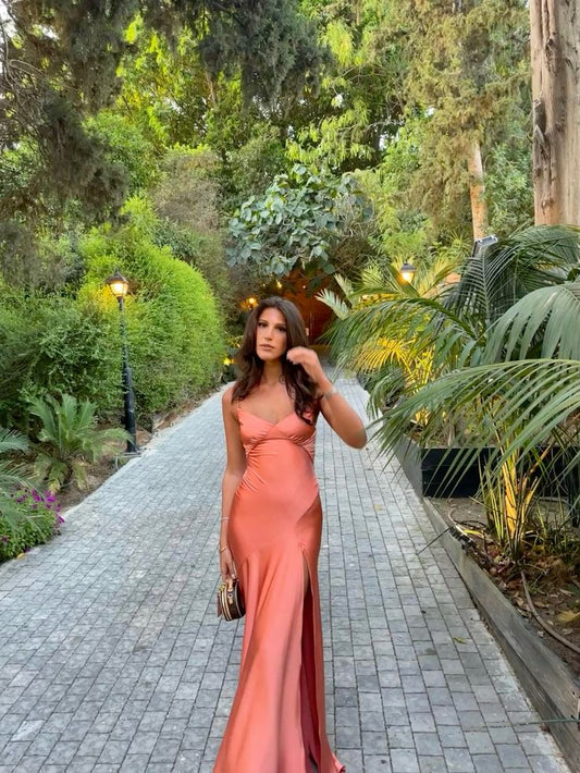 Simple Mermaid Spaghetti Straps Satin Slit Summer Spring Inspiration Long Wedding Guest Dress N1648