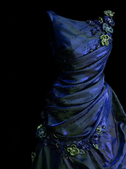 Sweet Ball Gown Scoop Navy Blue Satin With Tiered Layers Ruffles Long Party Gowns Prom Dresses N2231