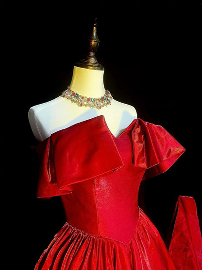 Vintage A Line Strapless Red Satin Senior Prom Dresses High School Long Formal Dress N1291