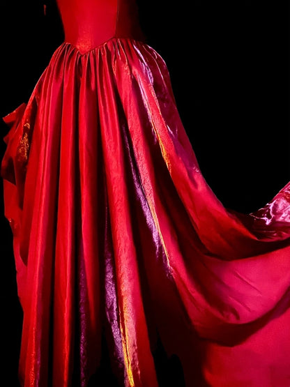 Vintage A Line Strapless Red Satin Senior Prom Dresses High School Long Formal Dress N1291