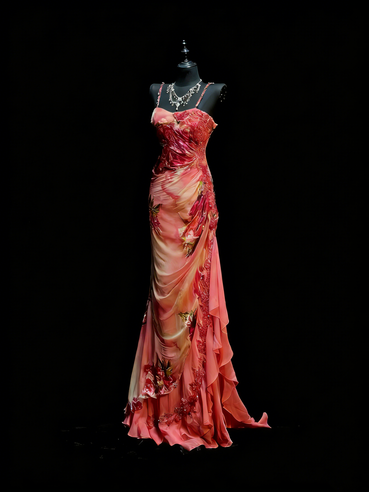 Vintage Mermaid Spaghetti Straps Floral Chiffon With Beadings Floor Length Inspiration Long Prom Dresses N1204