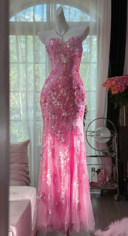 Mermaid Coral Formal Dresses Tulle Sequin Sweetheart Neck Long Prom Dresses Coral Evening Dresses AB328