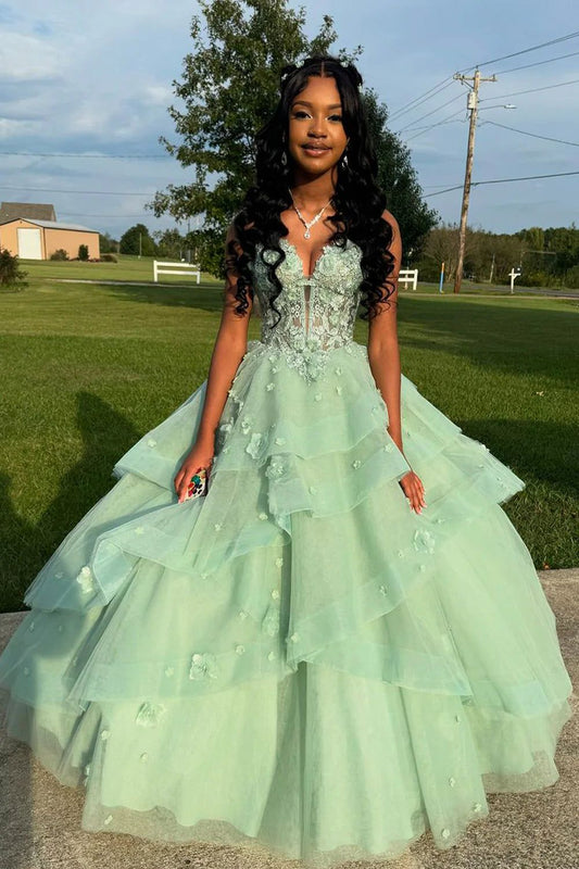 Elegant Sage Prom Dress Floral Tiered Ruffles Ball Gown Sweetheart Corset Long Formal Dress AB481