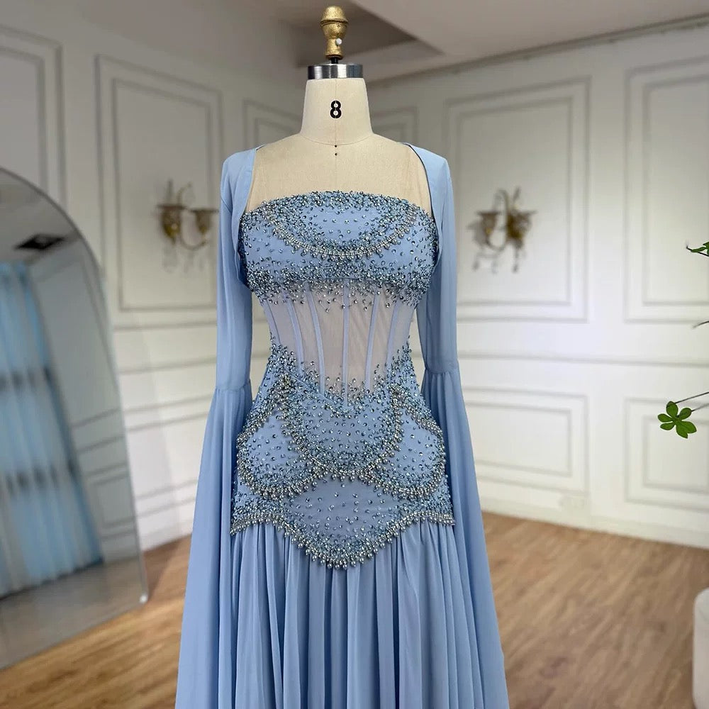 Classy A Line Strapless Blue Chiffon Beaded Prom Dresses Formal Dress 20th Birthday Outfits Prom Gown RB1966