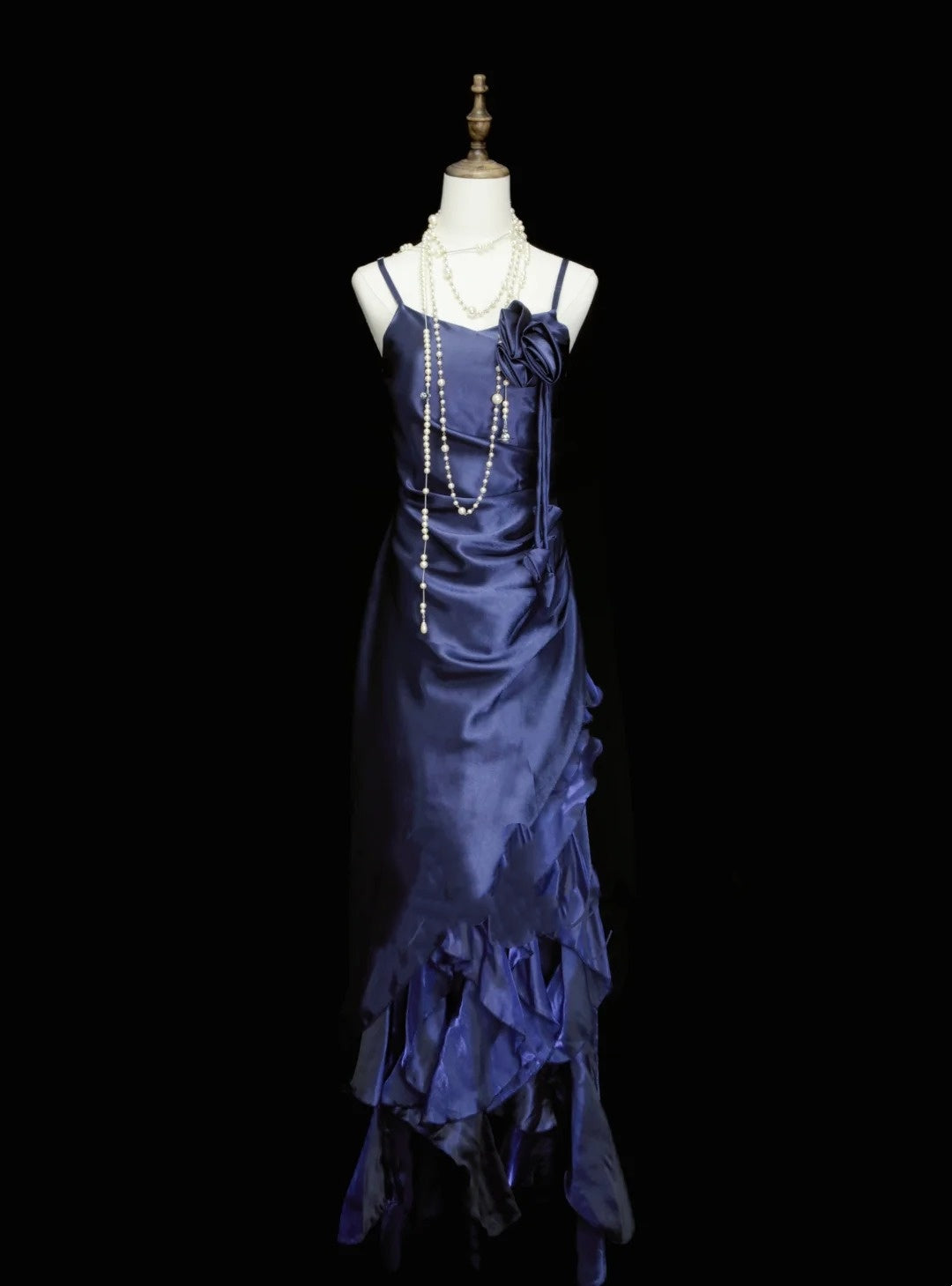 Vintage Night Aesthetic A Line Spaghetti Straps 80s 70s Navy Blue Teens College Formal Outfit Long Prom Graduation Dresses N1143