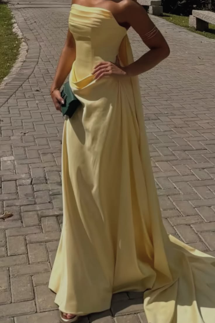 Elegant Mermaid Strapless Yellow Sleeveless Chiffon Formal For Women Girls Teens Prom Dresses N2275