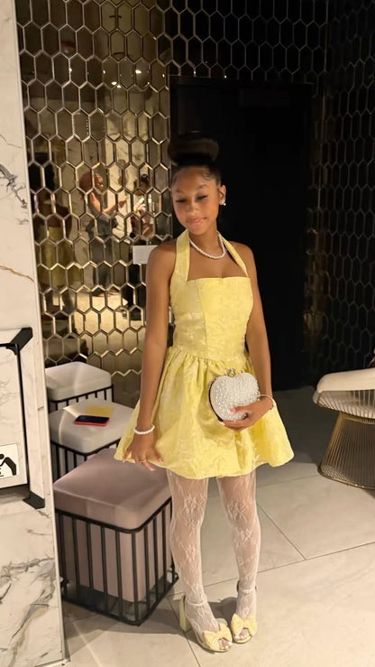 Cute A Line Birthday Dress Yellow Halter Homecoming Dress Short Party Outfits RB8180